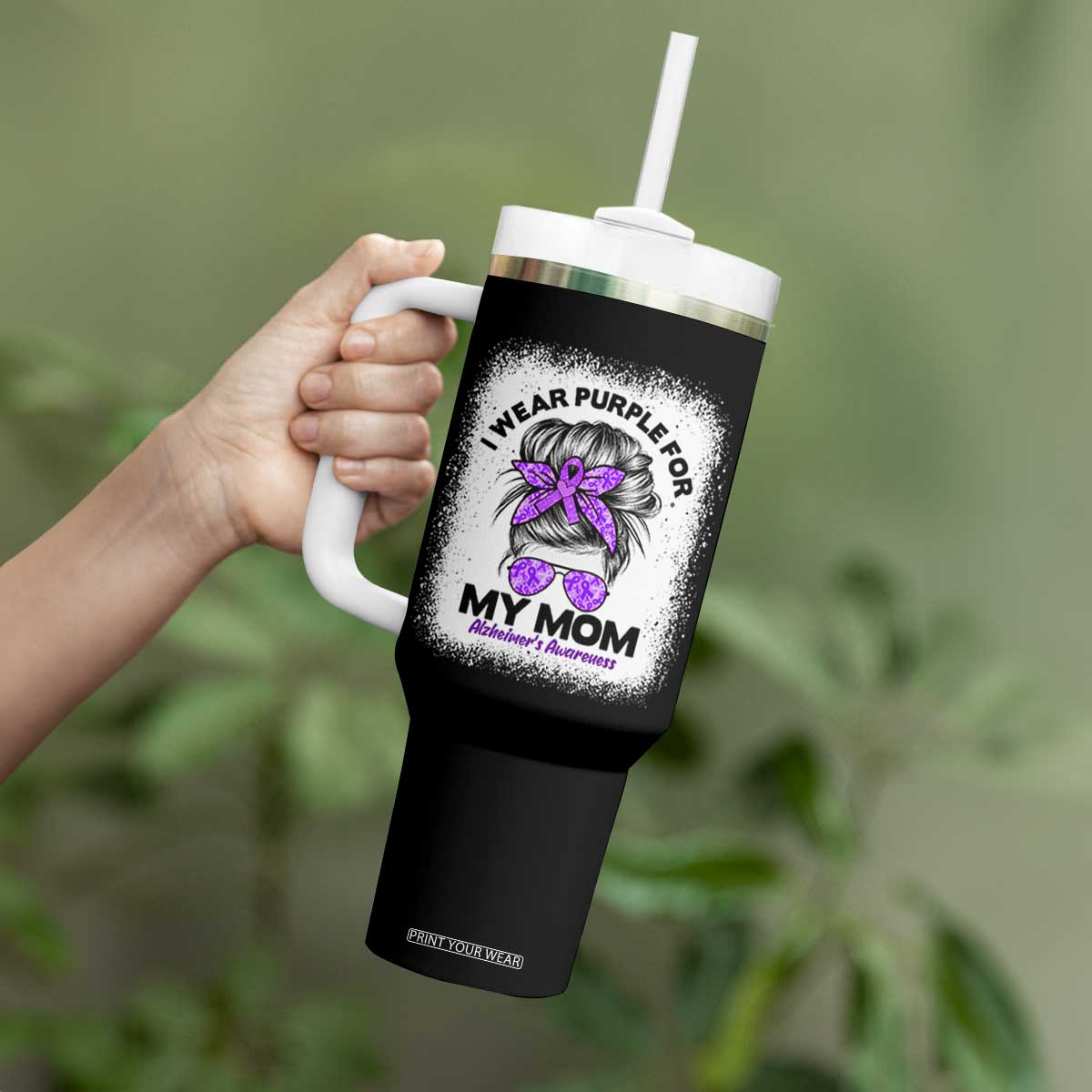 I Wear Purple For My Mom Tumbler With Handle Alzheimers Awareness Messy Bun Graphic