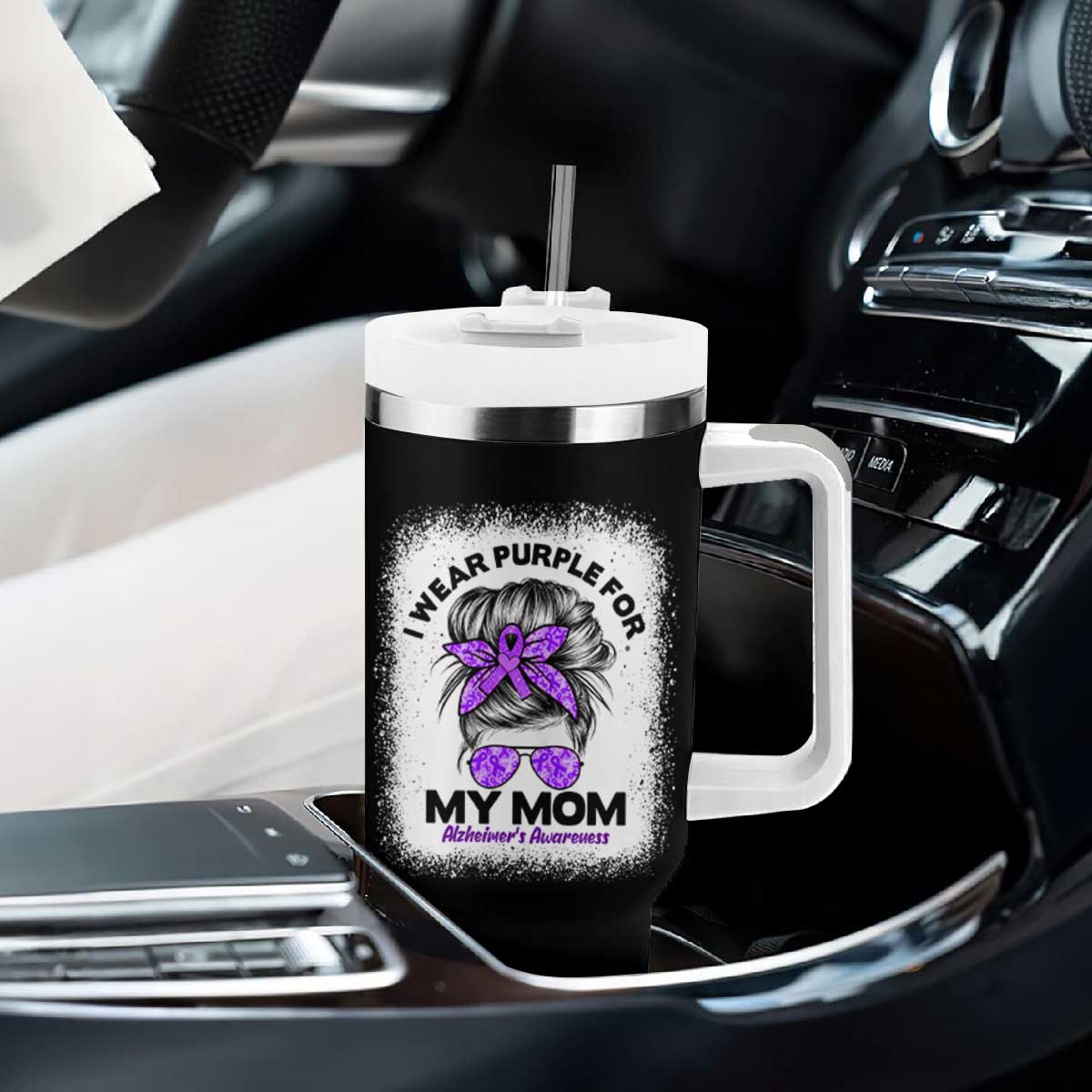 I Wear Purple For My Mom Tumbler With Handle Alzheimers Awareness Messy Bun Graphic