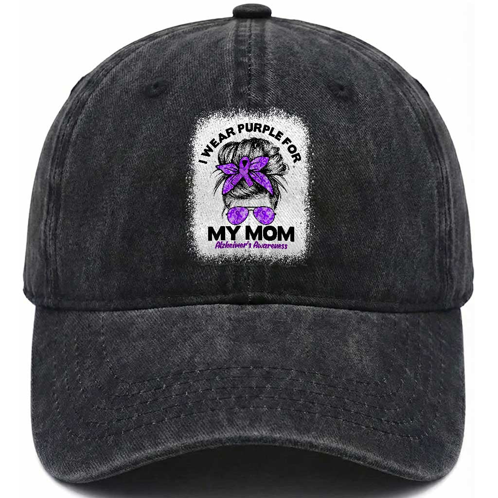 I Wear Purple For My Mom Washed Cotton Baseball Cap Alzheimers Awareness Messy Bun Graphic TS12 Print Your Wear