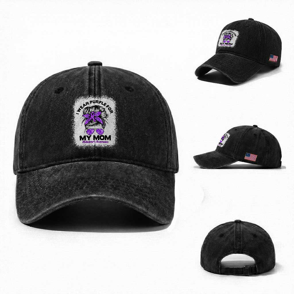 I Wear Purple For My Mom Washed Cotton Baseball Cap Alzheimers Awareness Messy Bun Graphic