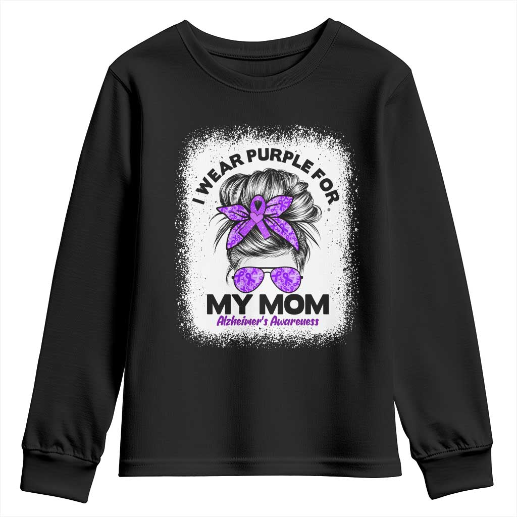 I Wear Purple For My Mom Youth Sweatshirt Alzheimers Awareness Messy Bun Graphic