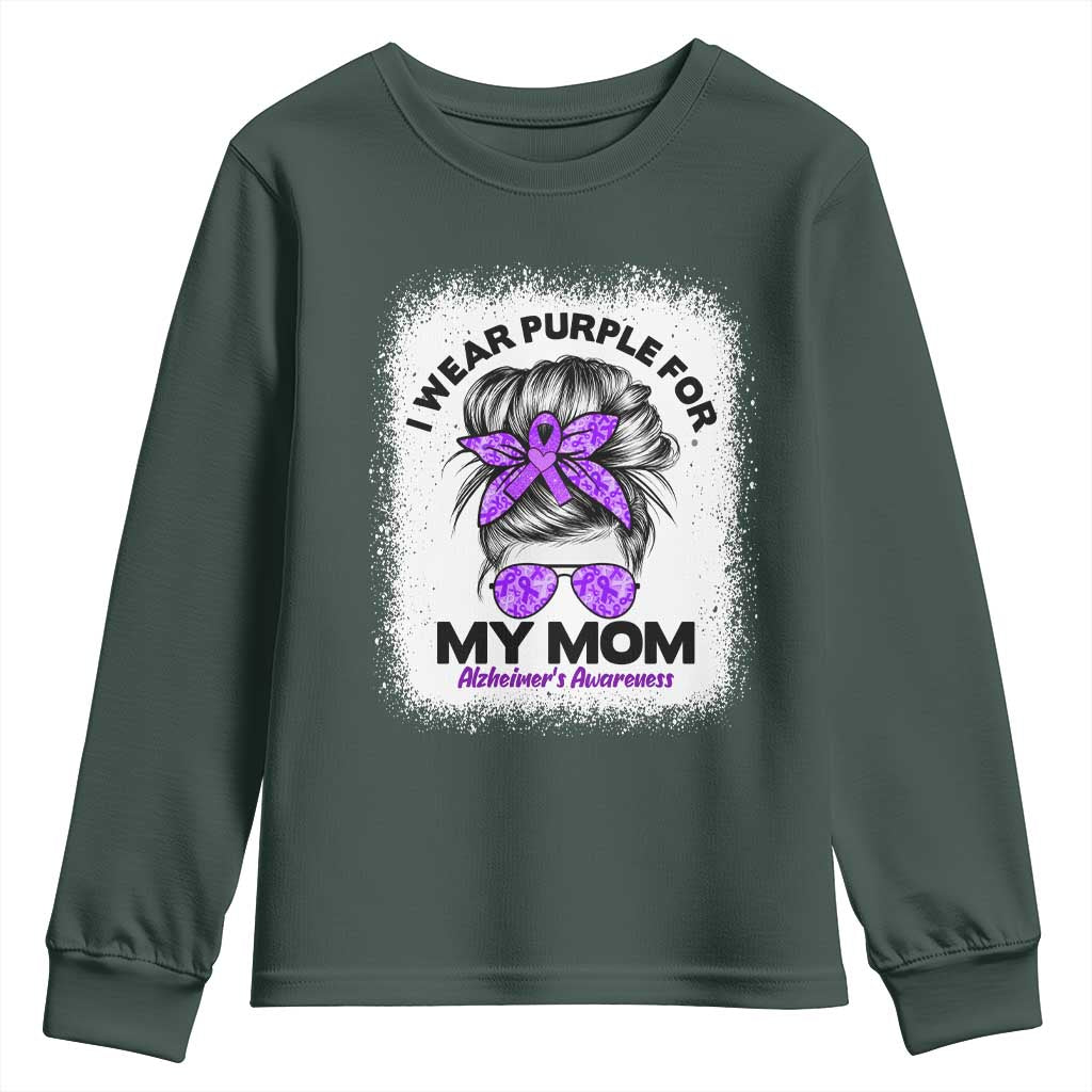 I Wear Purple For My Mom Youth Sweatshirt Alzheimers Awareness Messy Bun Graphic