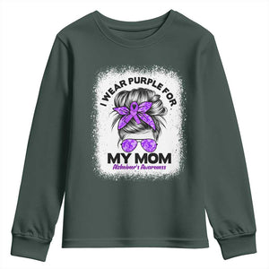 I Wear Purple For My Mom Youth Sweatshirt Alzheimers Awareness Messy Bun Graphic