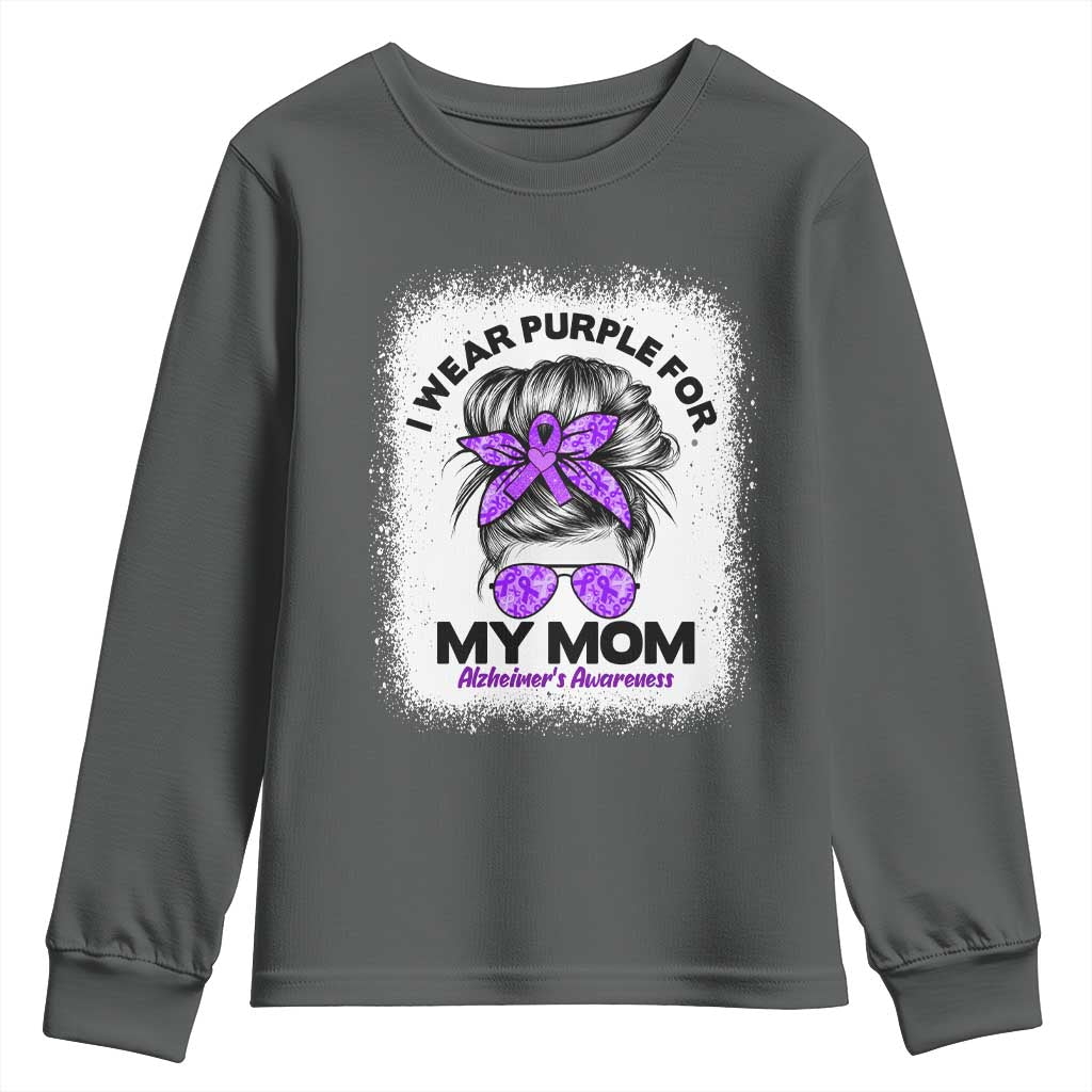I Wear Purple For My Mom Youth Sweatshirt Alzheimers Awareness Messy Bun Graphic