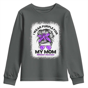I Wear Purple For My Mom Youth Sweatshirt Alzheimers Awareness Messy Bun Graphic