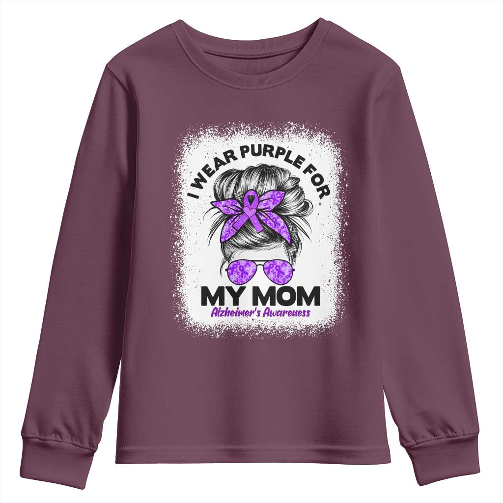 I Wear Purple For My Mom Youth Sweatshirt Alzheimers Awareness Messy Bun Graphic