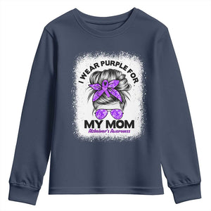 I Wear Purple For My Mom Youth Sweatshirt Alzheimers Awareness Messy Bun Graphic