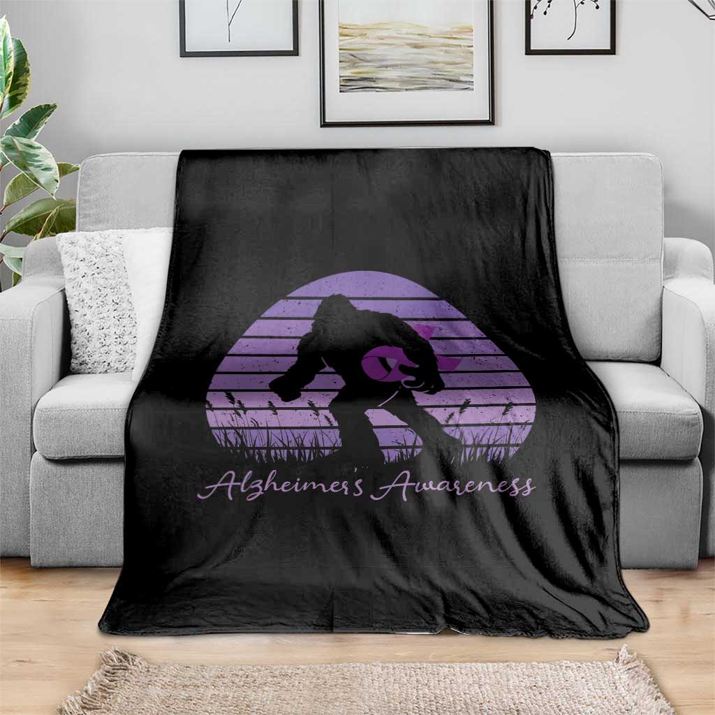 Vintage Bigfoot Alzheimers Awareness Throw Blanket Purple Ribbon Support Graphic
