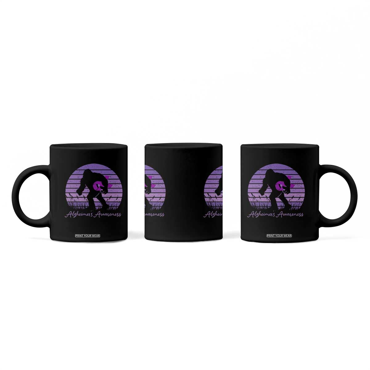 Vintage Bigfoot Alzheimers Awareness Coffee Mug Purple Ribbon Support Graphic
