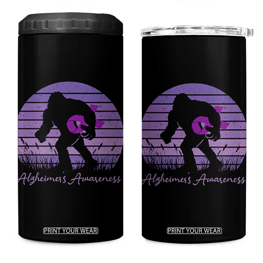 Vintage Bigfoot Alzheimers Awareness 4 in 1 Can Cooler Tumbler Purple Ribbon Support Graphic