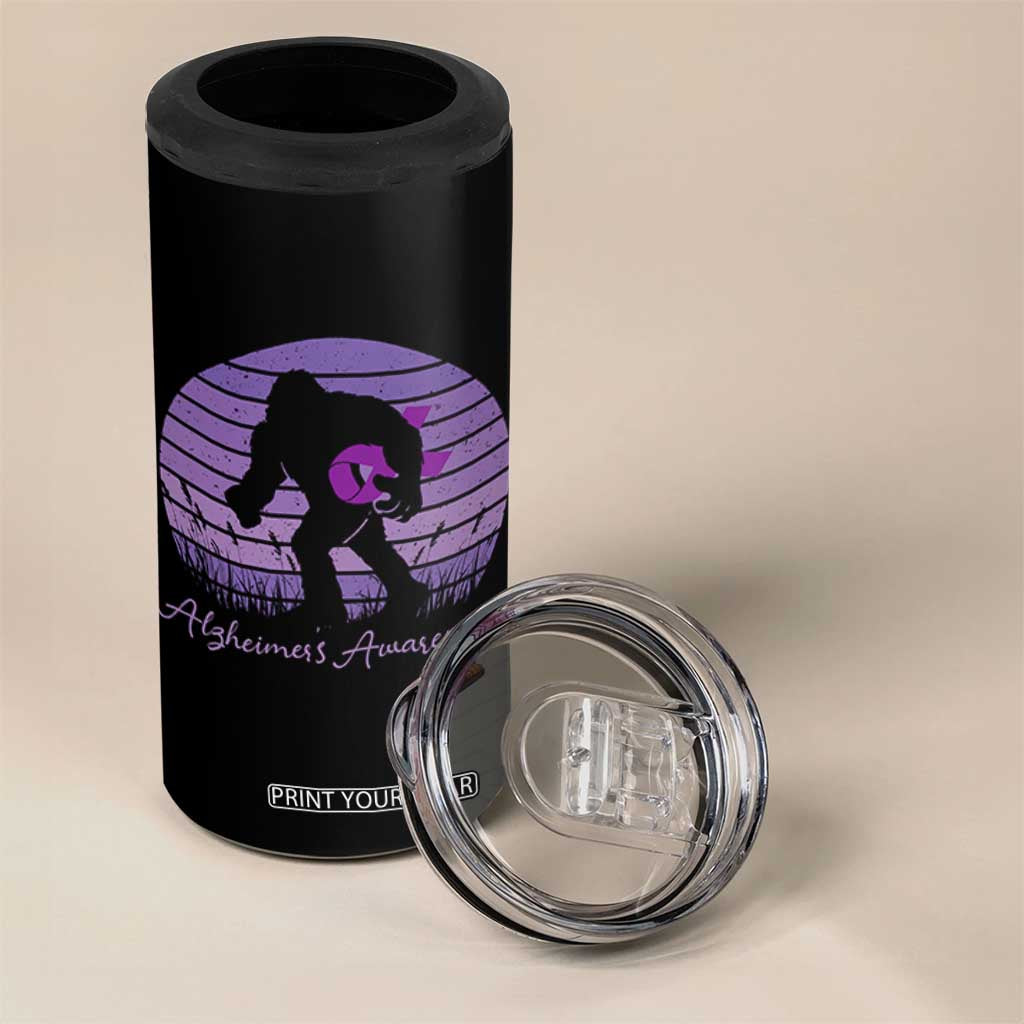 Vintage Bigfoot Alzheimers Awareness 4 in 1 Can Cooler Tumbler Purple Ribbon Support Graphic