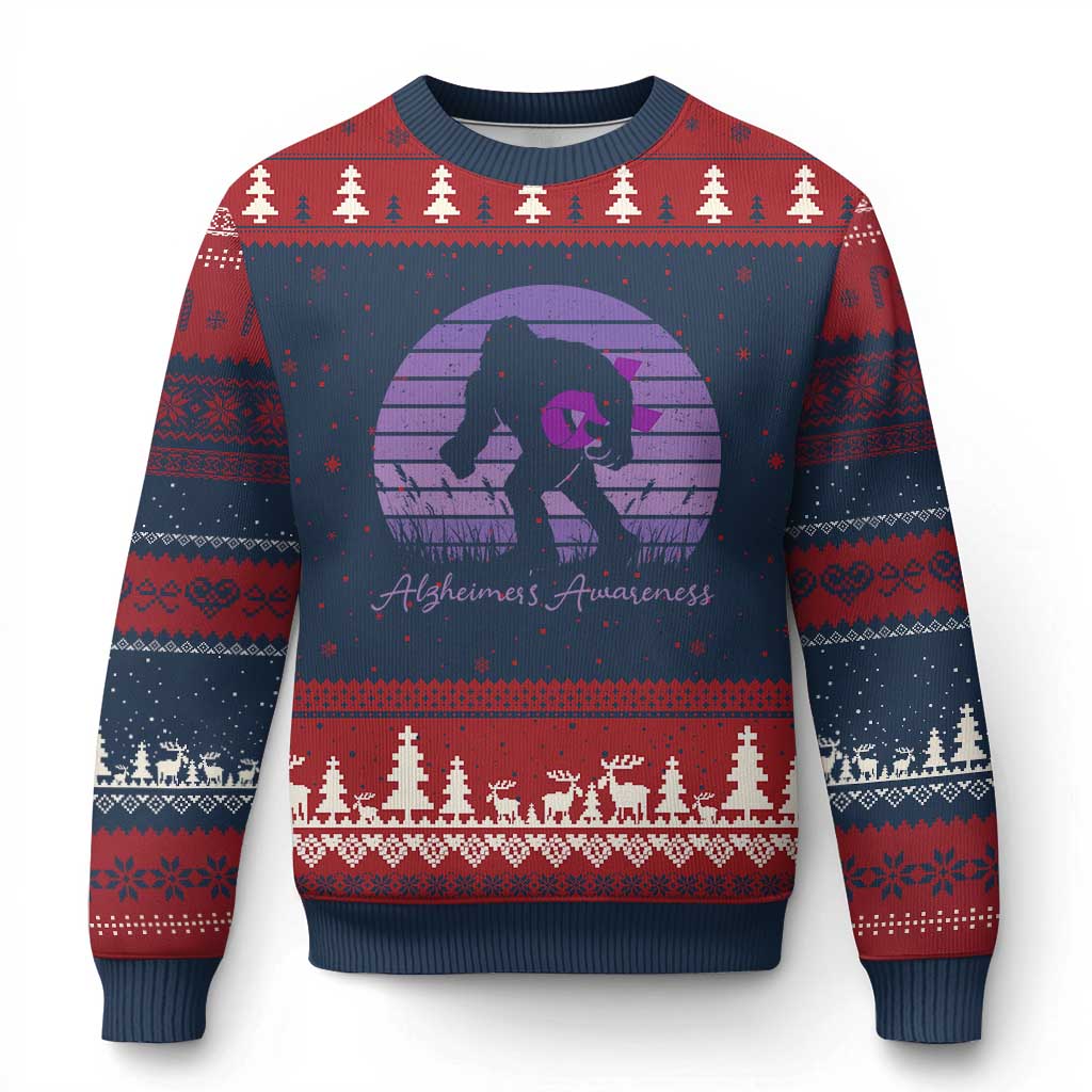 Vintage Bigfoot Alzheimers Awareness Ugly Christmas Sweater Purple Ribbon Support Graphic