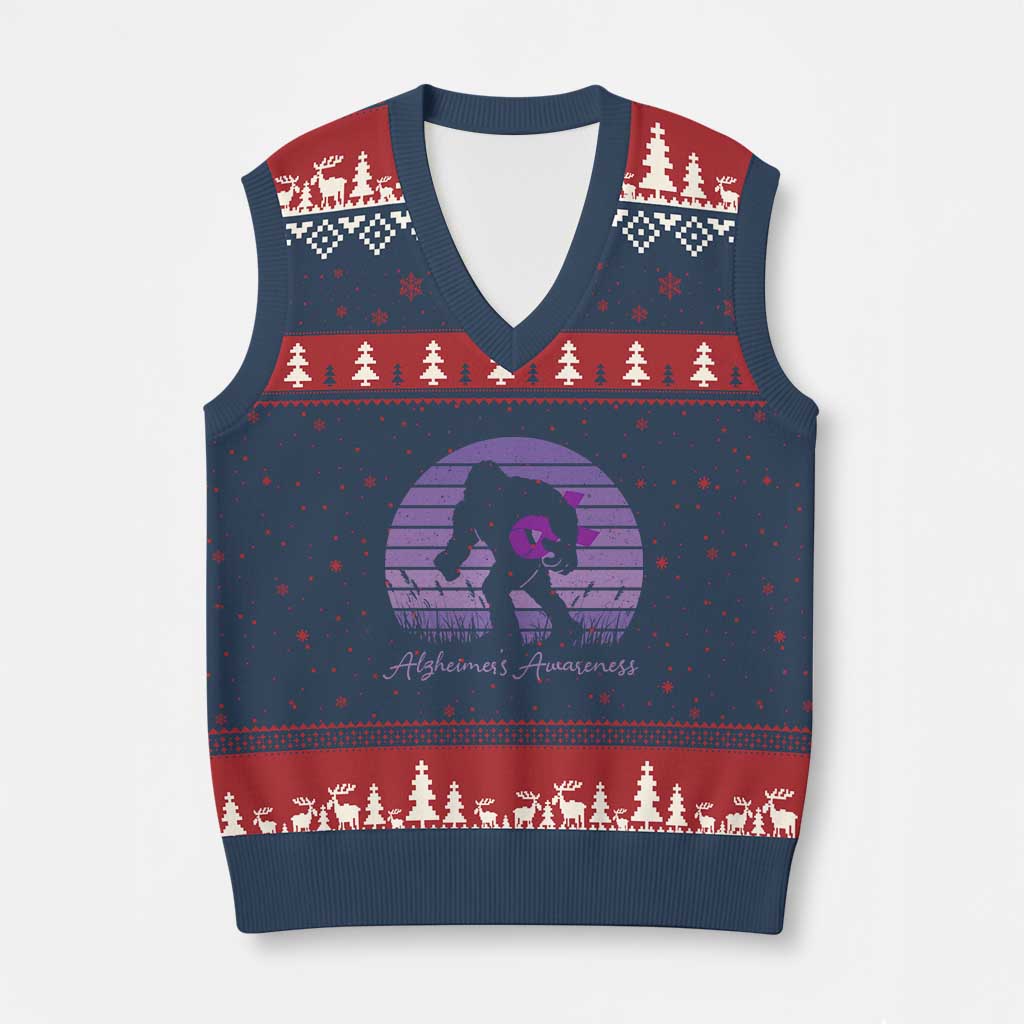 Vintage Bigfoot Alzheimers Awareness V-Neck Knit Sweater Vest Purple Ribbon Support Graphic TS12 Navy Red Print Your Wear
