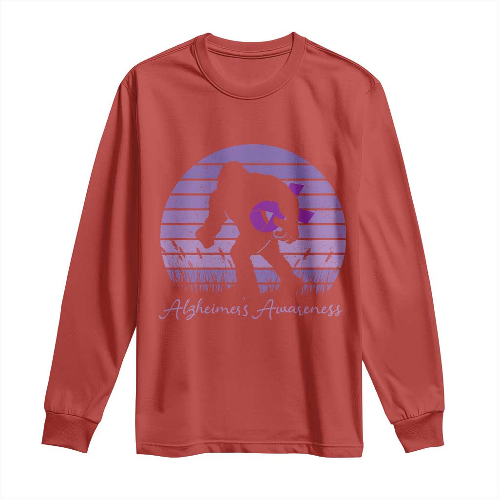 Vintage Bigfoot Alzheimers Awareness Long Sleeve Shirt Purple Ribbon Support Graphic