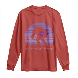 Vintage Bigfoot Alzheimers Awareness Long Sleeve Shirt Purple Ribbon Support Graphic