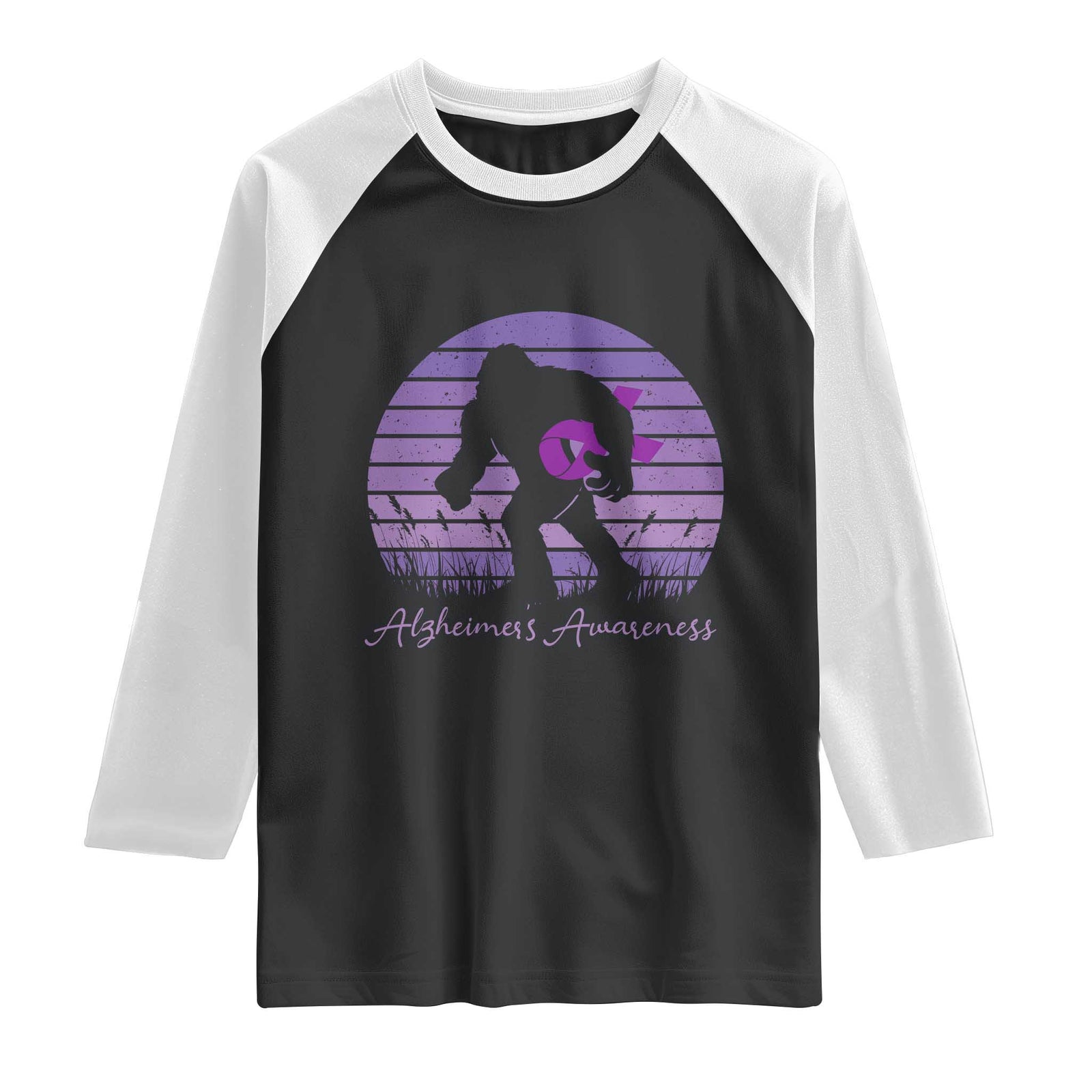 Vintage Bigfoot Alzheimers Awareness Raglan Shirt Purple Ribbon Support Graphic TS12 Black White Print Your Wear