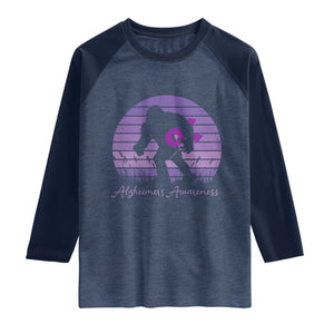 Vintage Bigfoot Alzheimers Awareness Raglan Shirt Purple Ribbon Support Graphic