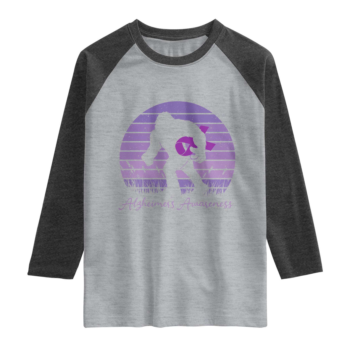 Vintage Bigfoot Alzheimers Awareness Raglan Shirt Purple Ribbon Support Graphic