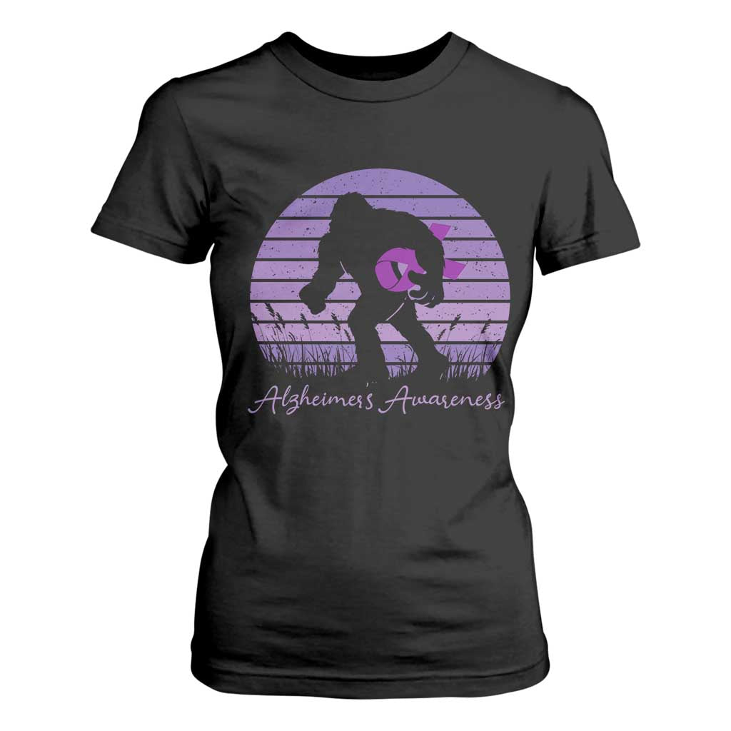Vintage Bigfoot Alzheimers Awareness T Shirt For Women Purple Ribbon Support Graphic