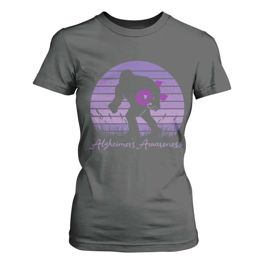 Vintage Bigfoot Alzheimers Awareness T Shirt For Women Purple Ribbon Support Graphic
