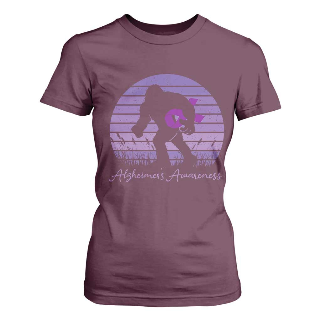 Vintage Bigfoot Alzheimers Awareness T Shirt For Women Purple Ribbon Support Graphic
