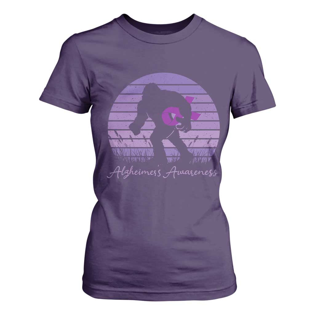 Vintage Bigfoot Alzheimers Awareness T Shirt For Women Purple Ribbon Support Graphic