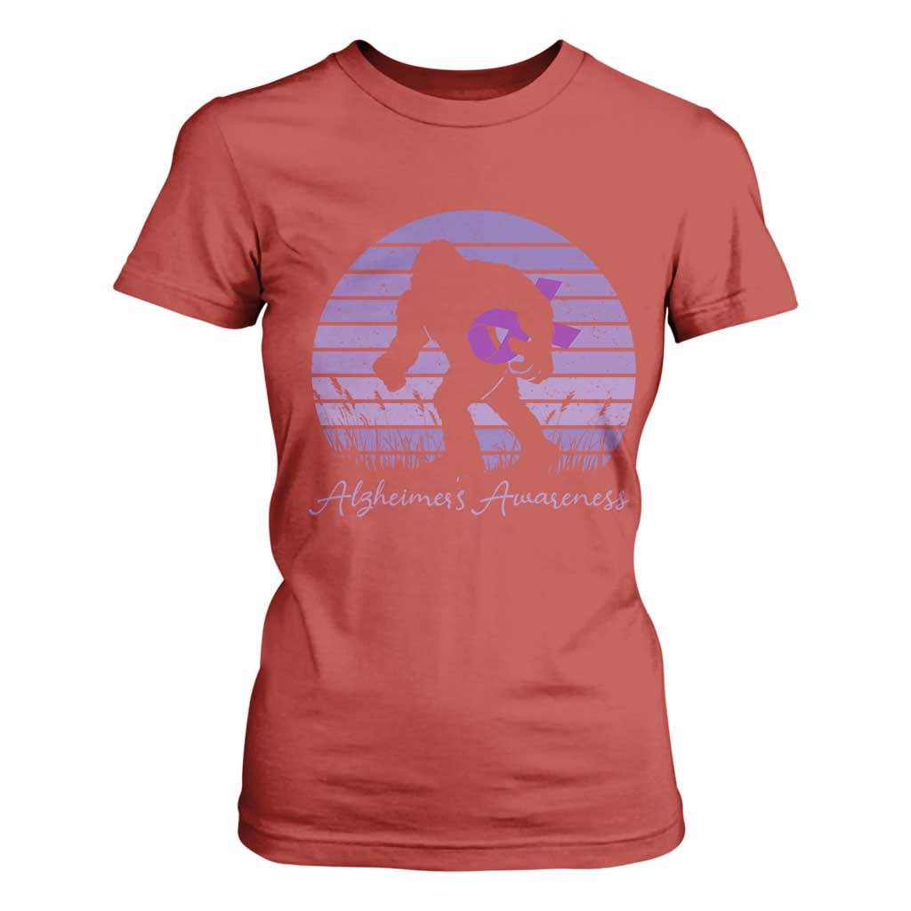 Vintage Bigfoot Alzheimers Awareness T Shirt For Women Purple Ribbon Support Graphic