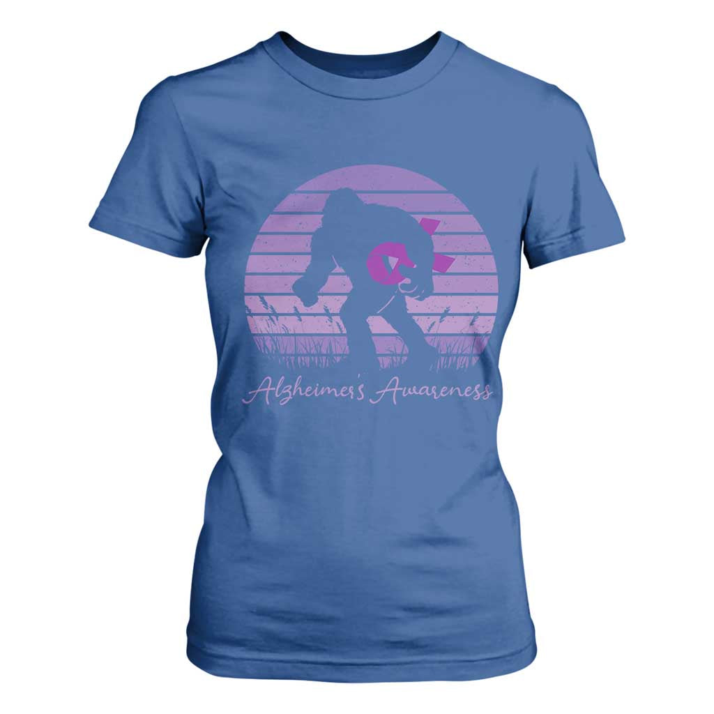 Vintage Bigfoot Alzheimers Awareness T Shirt For Women Purple Ribbon Support Graphic