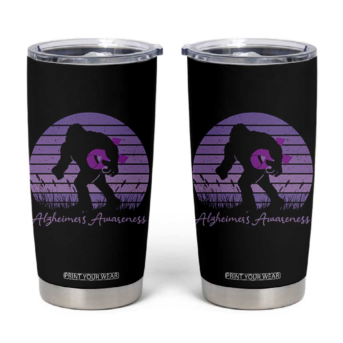 Vintage Bigfoot Alzheimers Awareness Tumbler Cup Purple Ribbon Support Graphic TS12 Black Print Your Wear