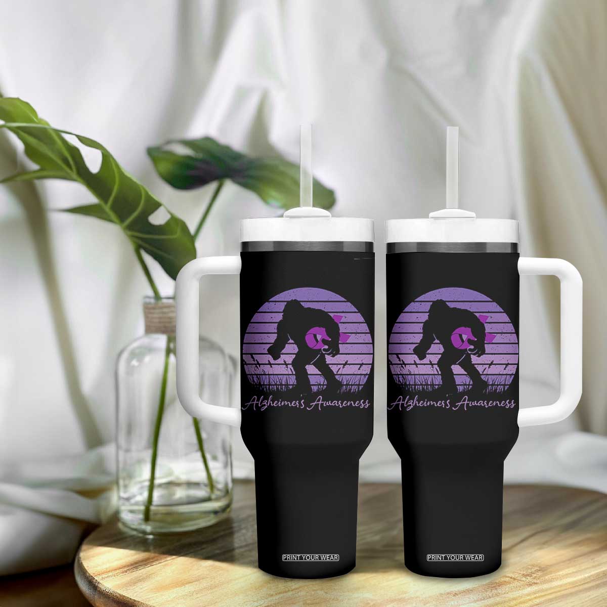 Vintage Bigfoot Alzheimers Awareness Tumbler With Handle Purple Ribbon Support Graphic