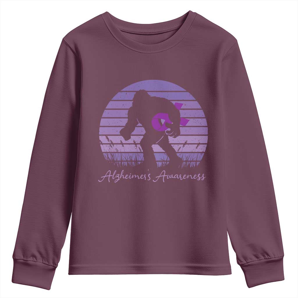 Vintage Bigfoot Alzheimers Awareness Youth Sweatshirt Purple Ribbon Support Graphic
