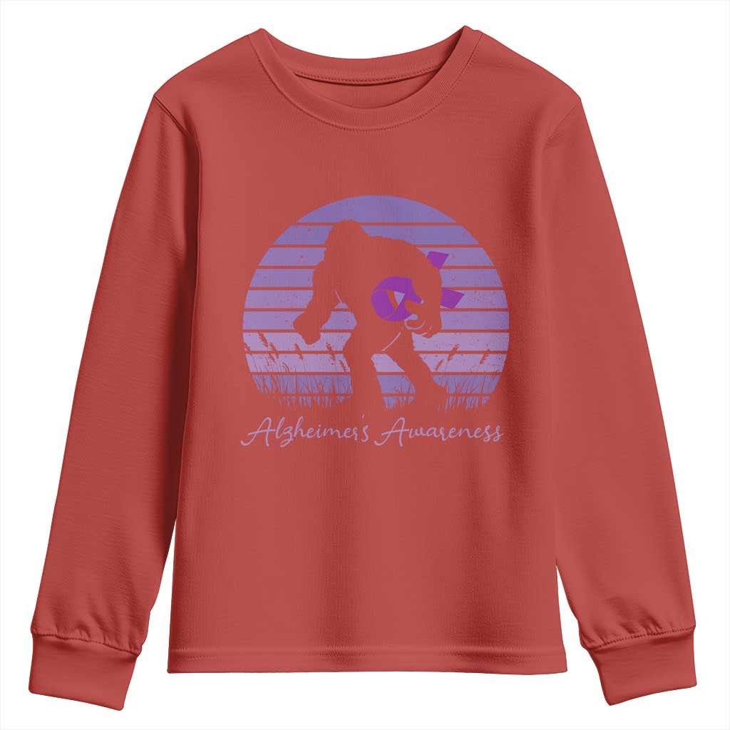 Vintage Bigfoot Alzheimers Awareness Youth Sweatshirt Purple Ribbon Support Graphic