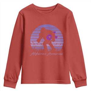 Vintage Bigfoot Alzheimers Awareness Youth Sweatshirt Purple Ribbon Support Graphic