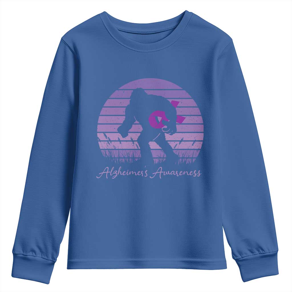 Vintage Bigfoot Alzheimers Awareness Youth Sweatshirt Purple Ribbon Support Graphic