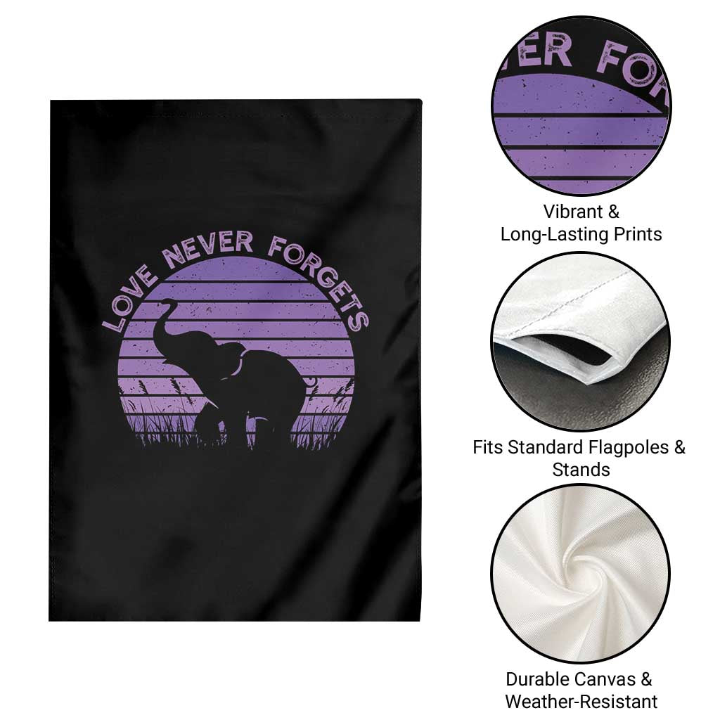 Alzheimer's Awareness Support Garden Flag Vintage Elephant Love Never Forgets