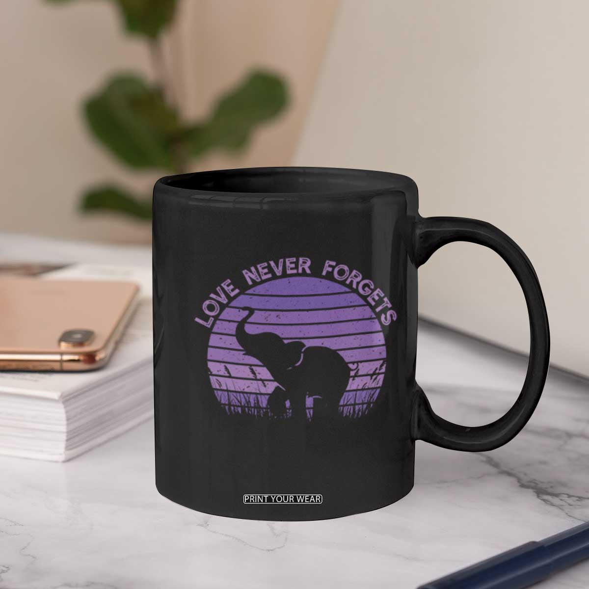 Alzheimer's Awareness Support Coffee Mug Vintage Elephant Love Never Forgets