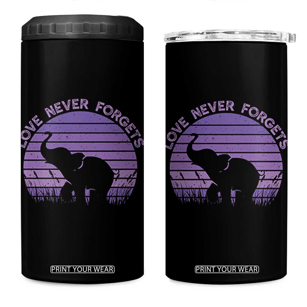 Alzheimer's Awareness Support 4 in 1 Can Cooler Tumbler Vintage Elephant Love Never Forgets