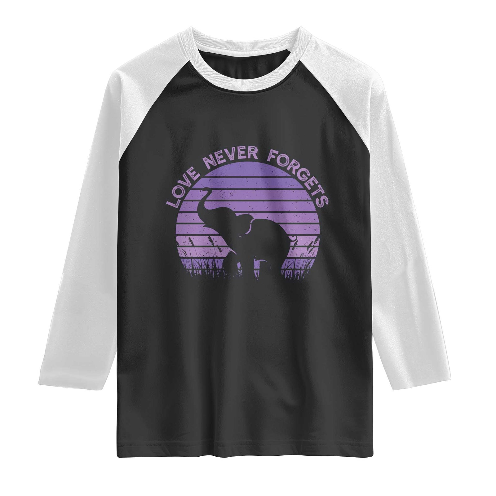 Alzheimer's Awareness Support Raglan Shirt Vintage Elephant Love Never Forgets TS12 Black White Print Your Wear