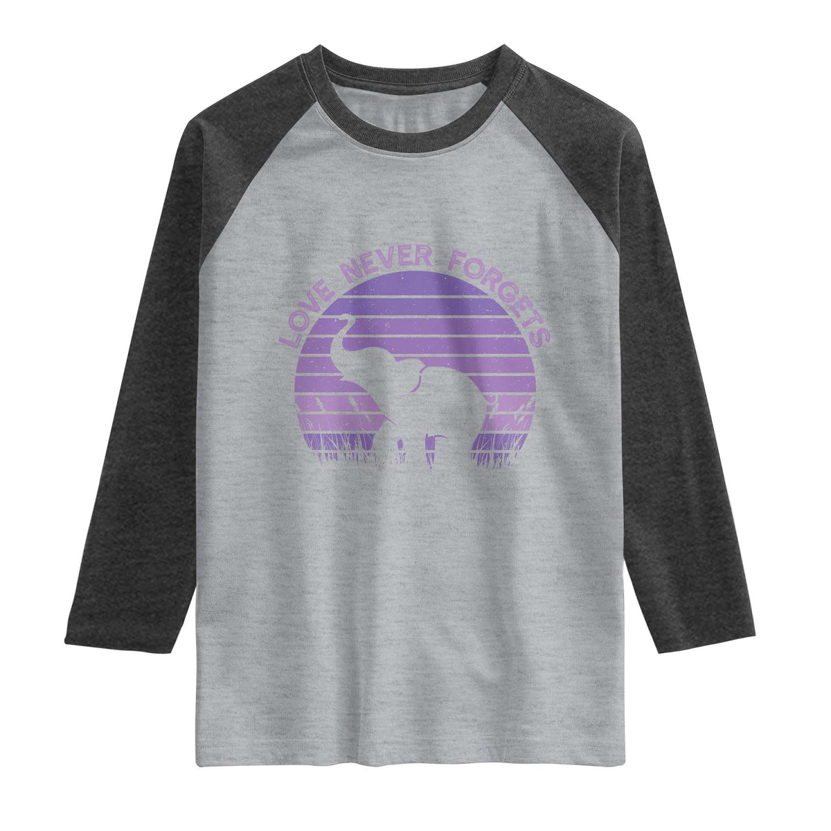 Alzheimer's Awareness Support Raglan Shirt Vintage Elephant Love Never Forgets