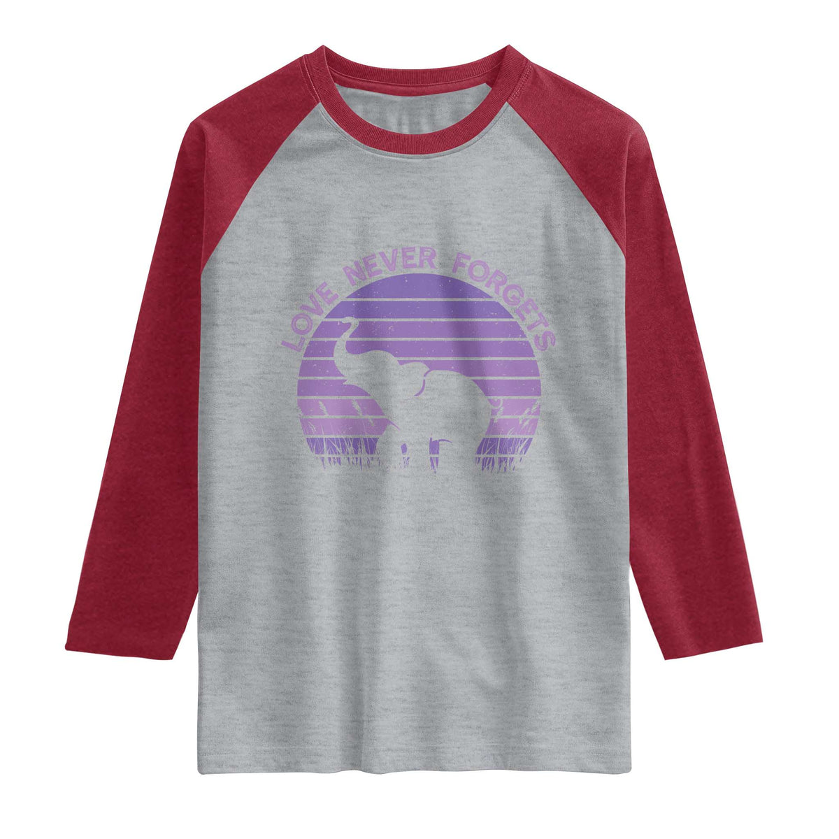 Alzheimer's Awareness Support Raglan Shirt Vintage Elephant Love Never Forgets