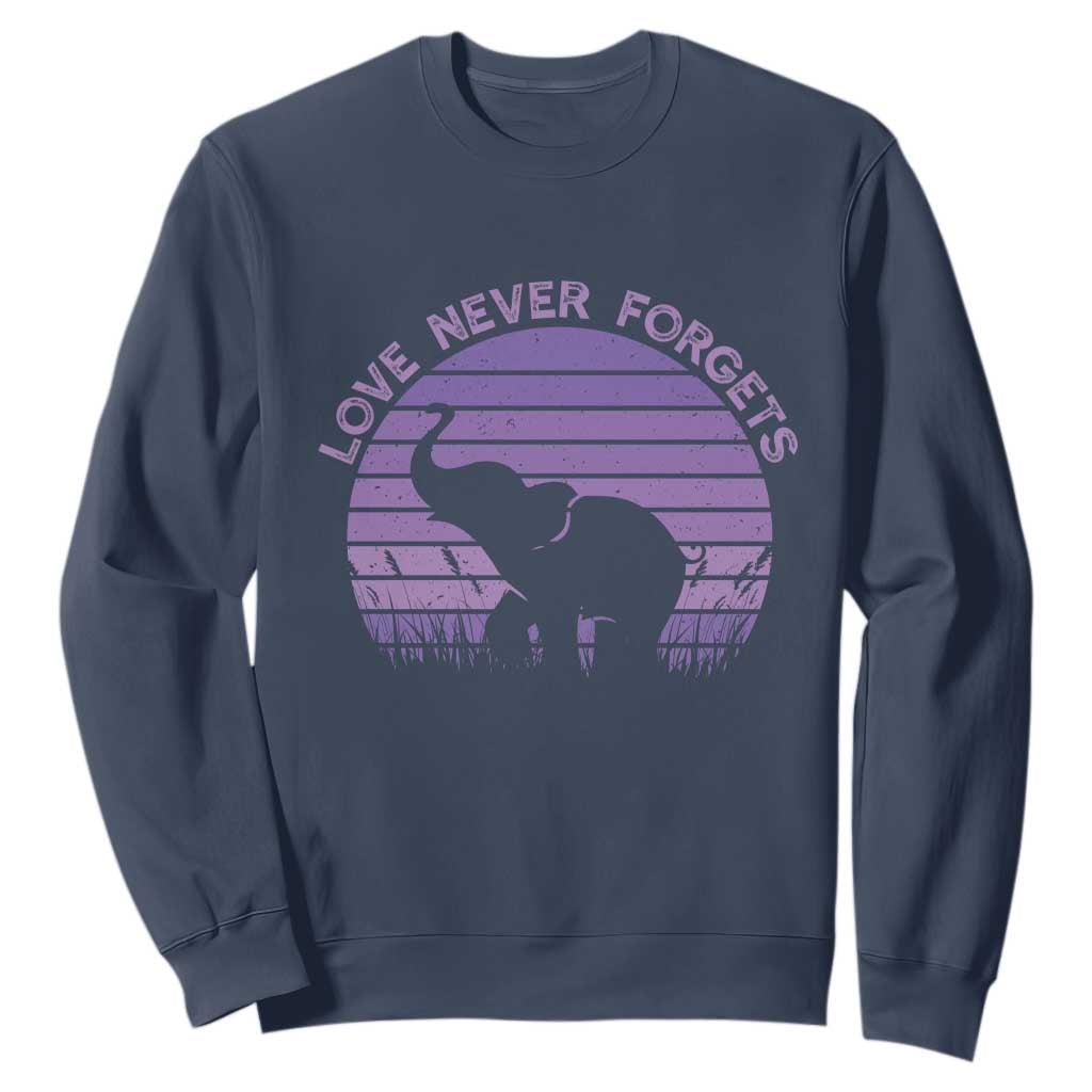 Alzheimer's Awareness Support Sweatshirt Vintage Elephant Love Never Forgets