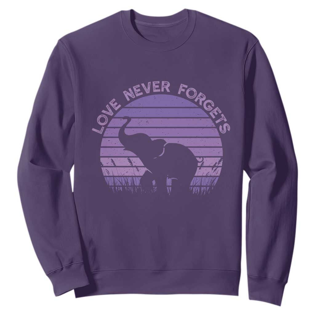 Alzheimer's Awareness Support Sweatshirt Vintage Elephant Love Never Forgets TS12 Purple Print Your Wear