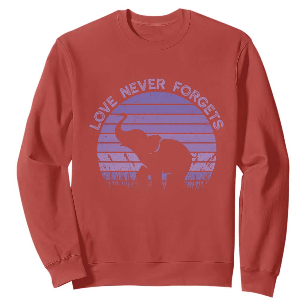 Alzheimer's Awareness Support Sweatshirt Vintage Elephant Love Never Forgets