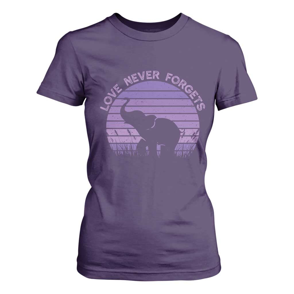 Alzheimer's Awareness Support T Shirt For Women Vintage Elephant Love Never Forgets TS12 Purple Print Your Wear