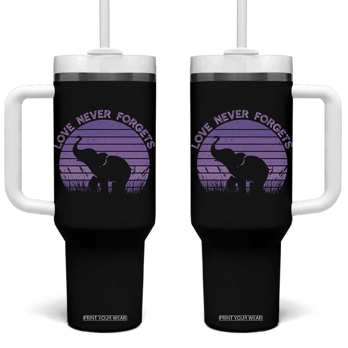 Alzheimer's Awareness Support Tumbler With Handle Vintage Elephant Love Never Forgets