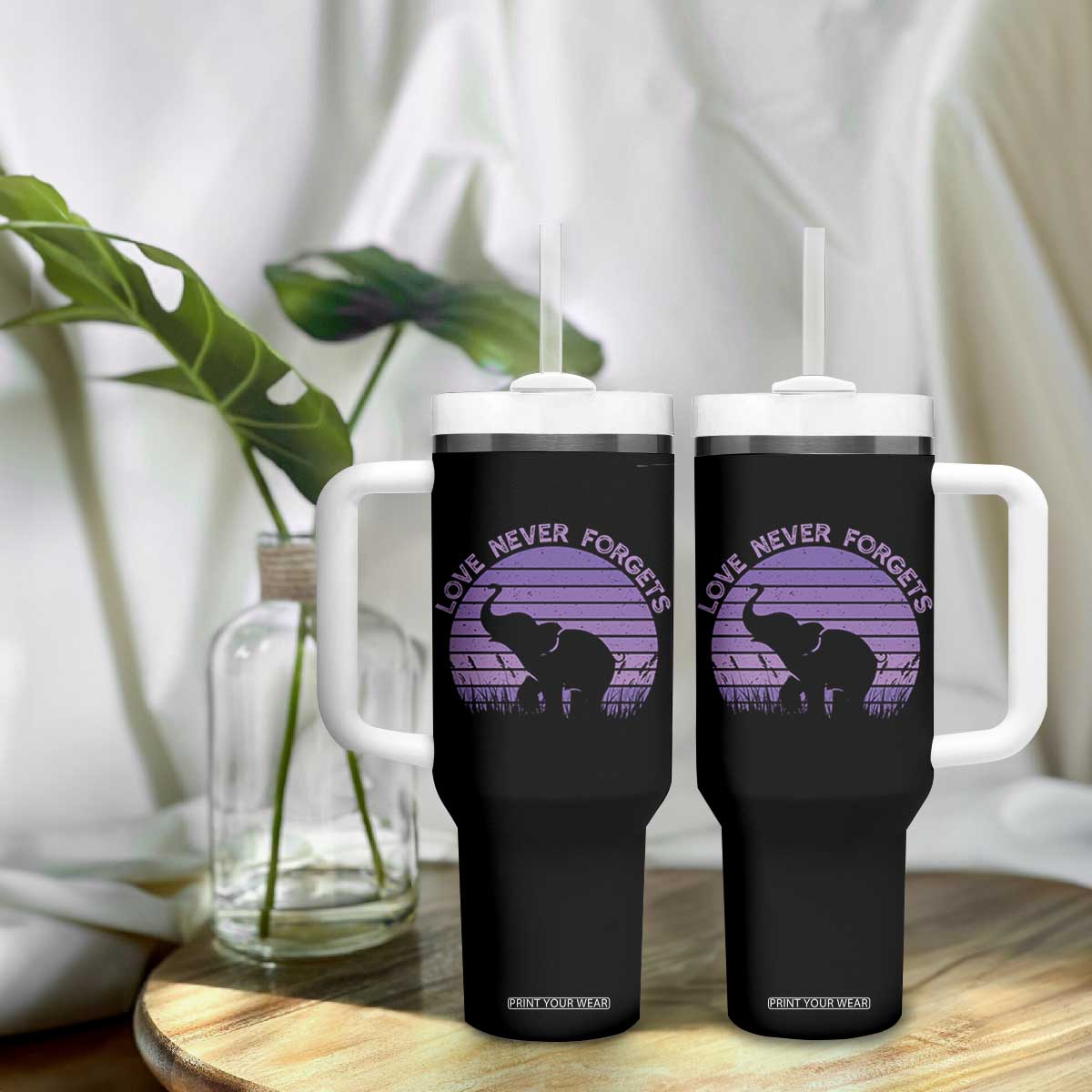 Alzheimer's Awareness Support Tumbler With Handle Vintage Elephant Love Never Forgets