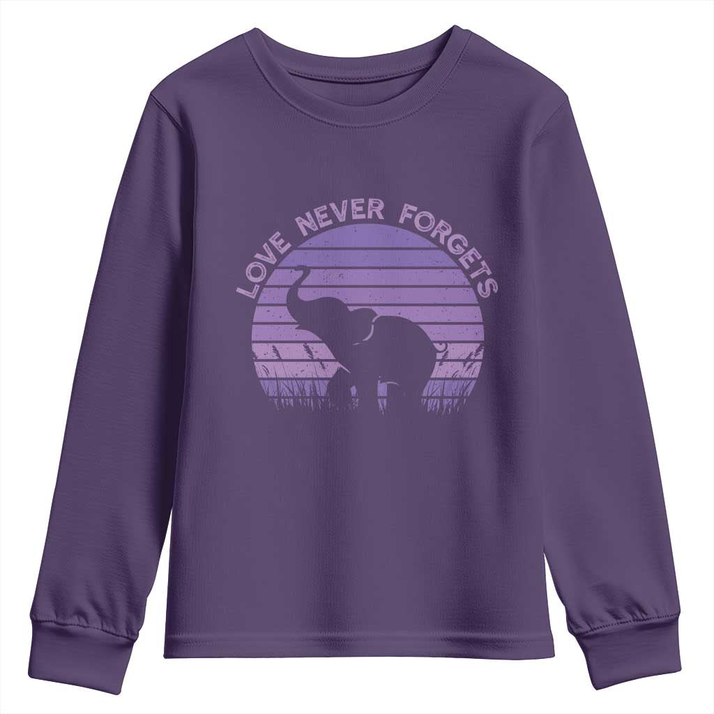 Alzheimer's Awareness Support Youth Sweatshirt Vintage Elephant Love Never Forgets TS12 Purple Print Your Wear