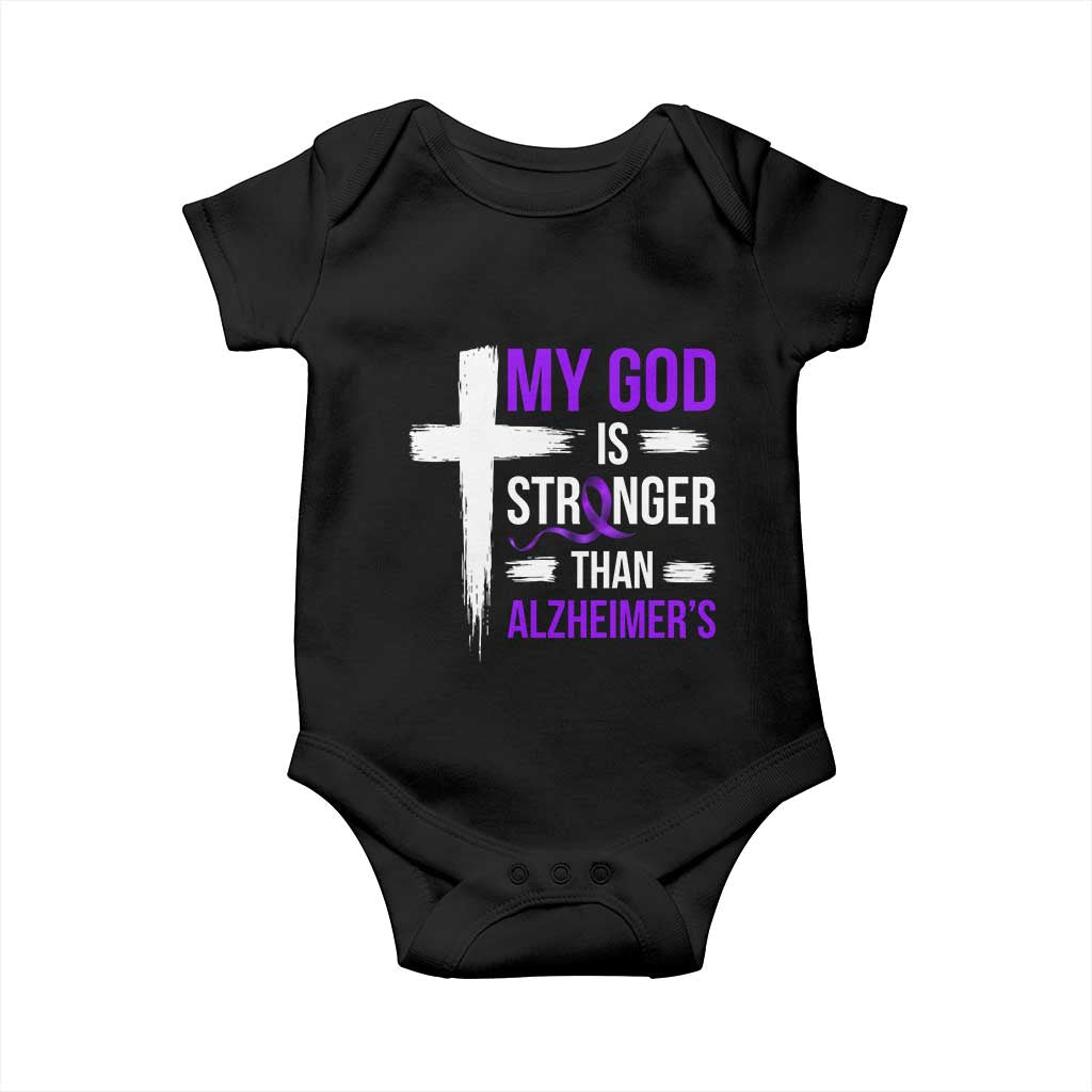 My God Is Stronger Than Alzheimers Baby Onesie Christian Purple Ribbon Faith Support