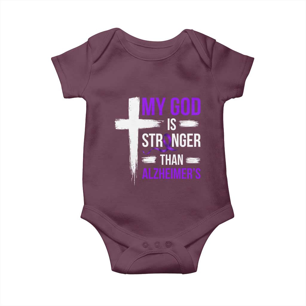 My God Is Stronger Than Alzheimers Baby Onesie Christian Purple Ribbon Faith Support