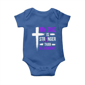 My God Is Stronger Than Alzheimers Baby Onesie Christian Purple Ribbon Faith Support